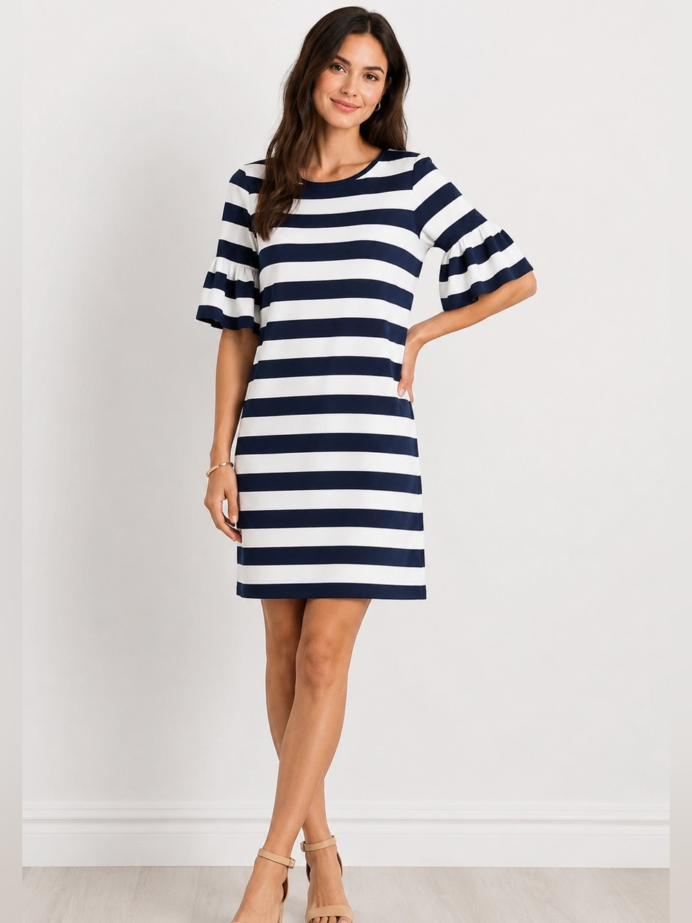 Lauren Ralph Lauren White and Navy Blue Striped Ruffle Sleeve Dress Size Small